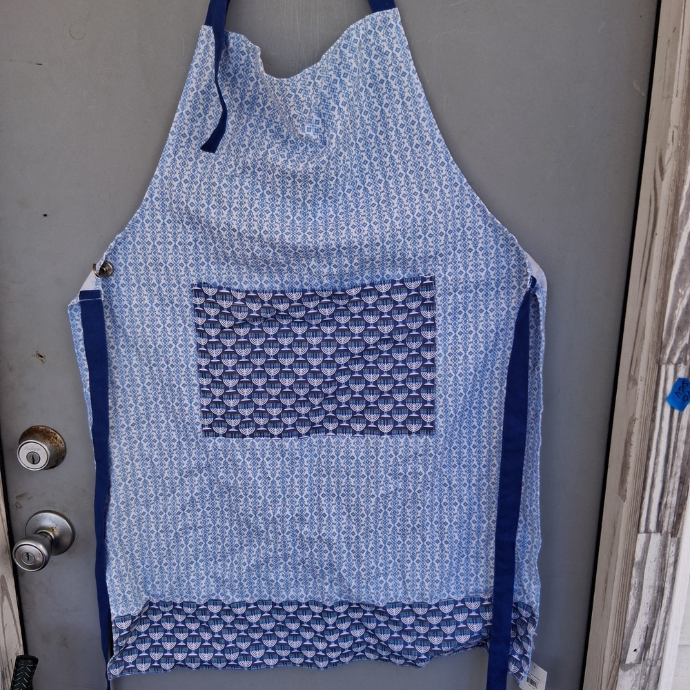 NWT Boston Itl. Hanukkah Apron Festival of Lights Blue Menorah Cotton NEW